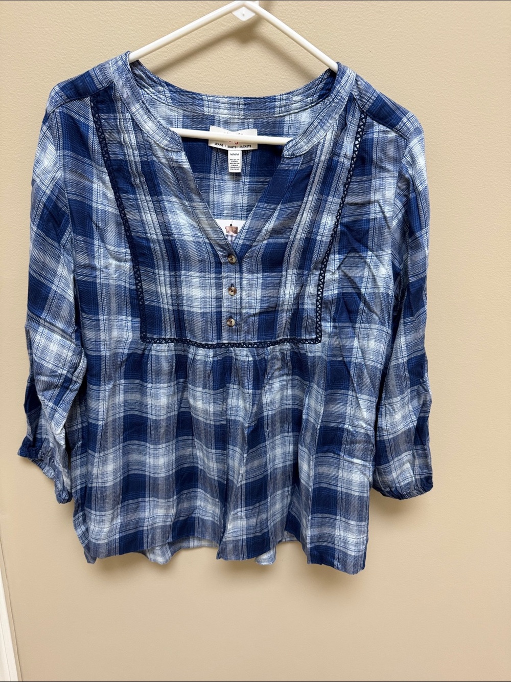 New Wrangler Blue Plaid Henley Tunic
